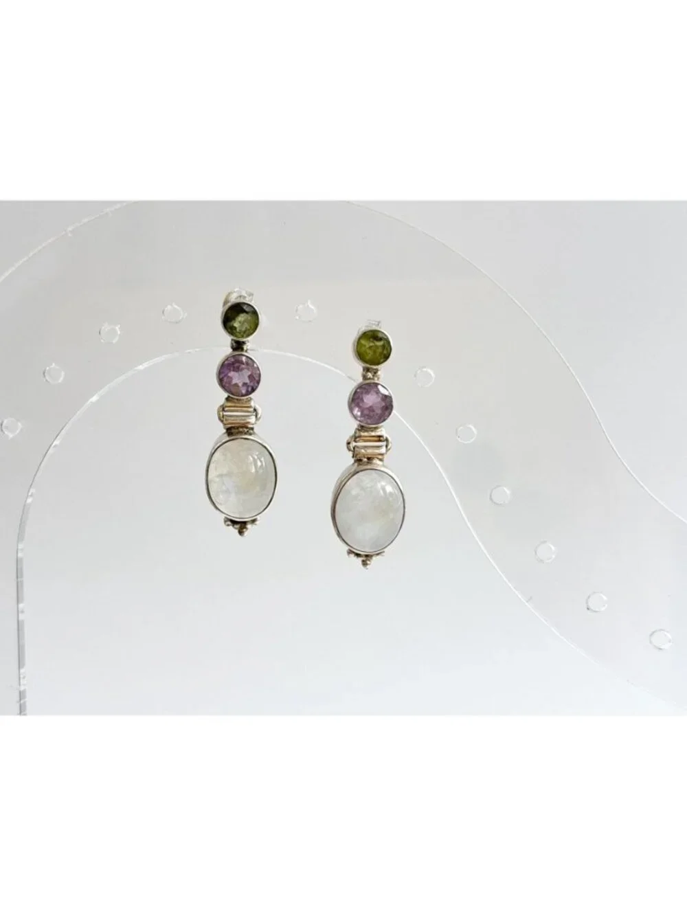 Moonstone, Amethyst & Peridot Vintage Sterling Silver 925 Dangle Drop Earrings